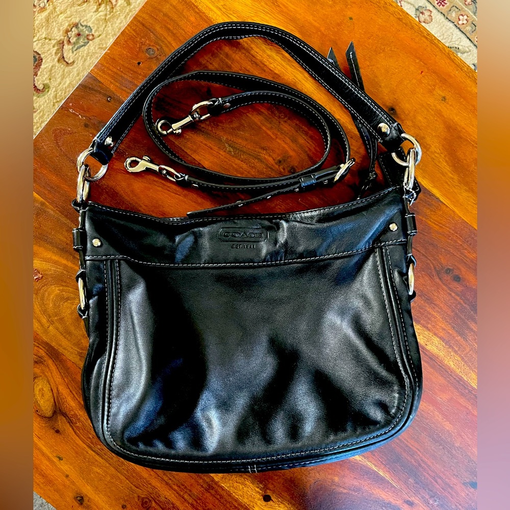 Coach purse, black leather with sliver detailing and adjustable strap